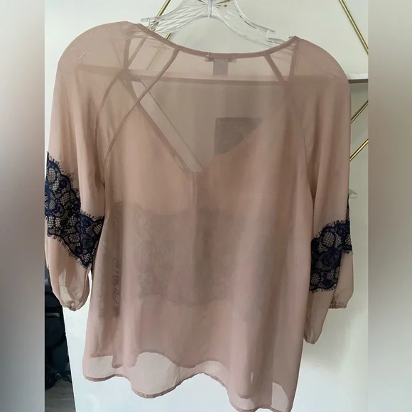 Bar lll nude/mauve sheer blouse with navy lace detail - Picture 3 of 4